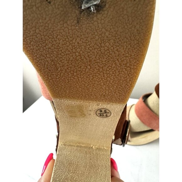 Retro Boho Chunky Platform Suede Leather 9.5 Sandals Pink Brown Wooden Heel - Picture 6 of 16